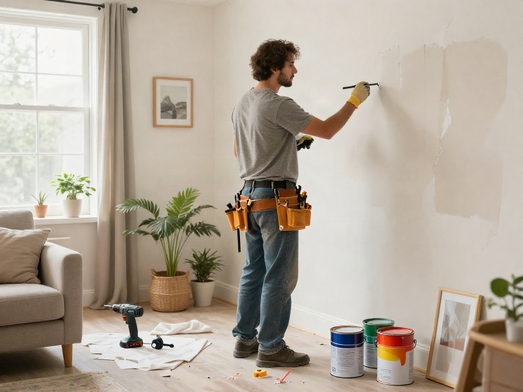 Delivering home repair services Des Moines Iowa in a warm living room, contractor fixing drywall amidst tools and bright décor.
