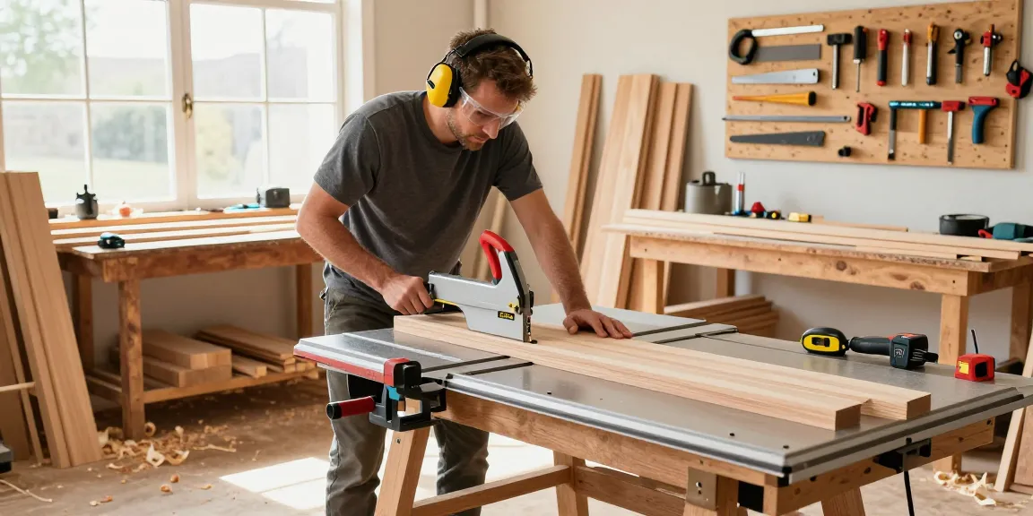 Expert using a festool table saw in a well-organized workshop, surrounded by tools and wood, showcasing precision cutting.