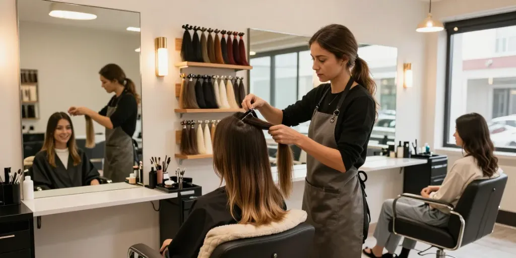 Professional hair extensions being expertly applied in a chic salon setting, highlighting stylish transformation.