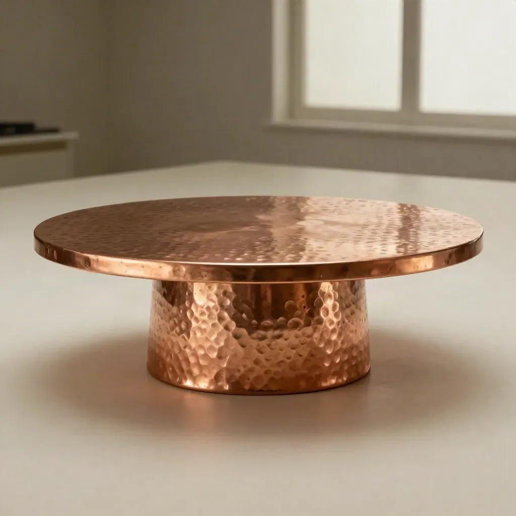 Macro of a hammered copper island top hovering above warm ivory light.