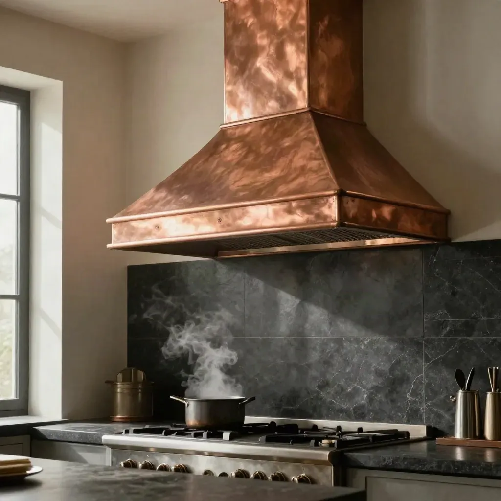 Angular copper range hood above a steaming cooktop in a dim premium kitchen