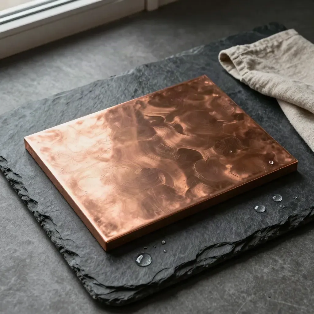 Overhead copper bar top on wet charcoal stone with linen edge and verdigris droplets