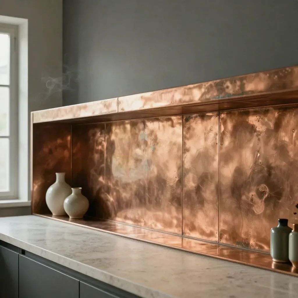Copper wall cladding wrapping a bar niche beside ceramic vessels in soft steam and travertine light.