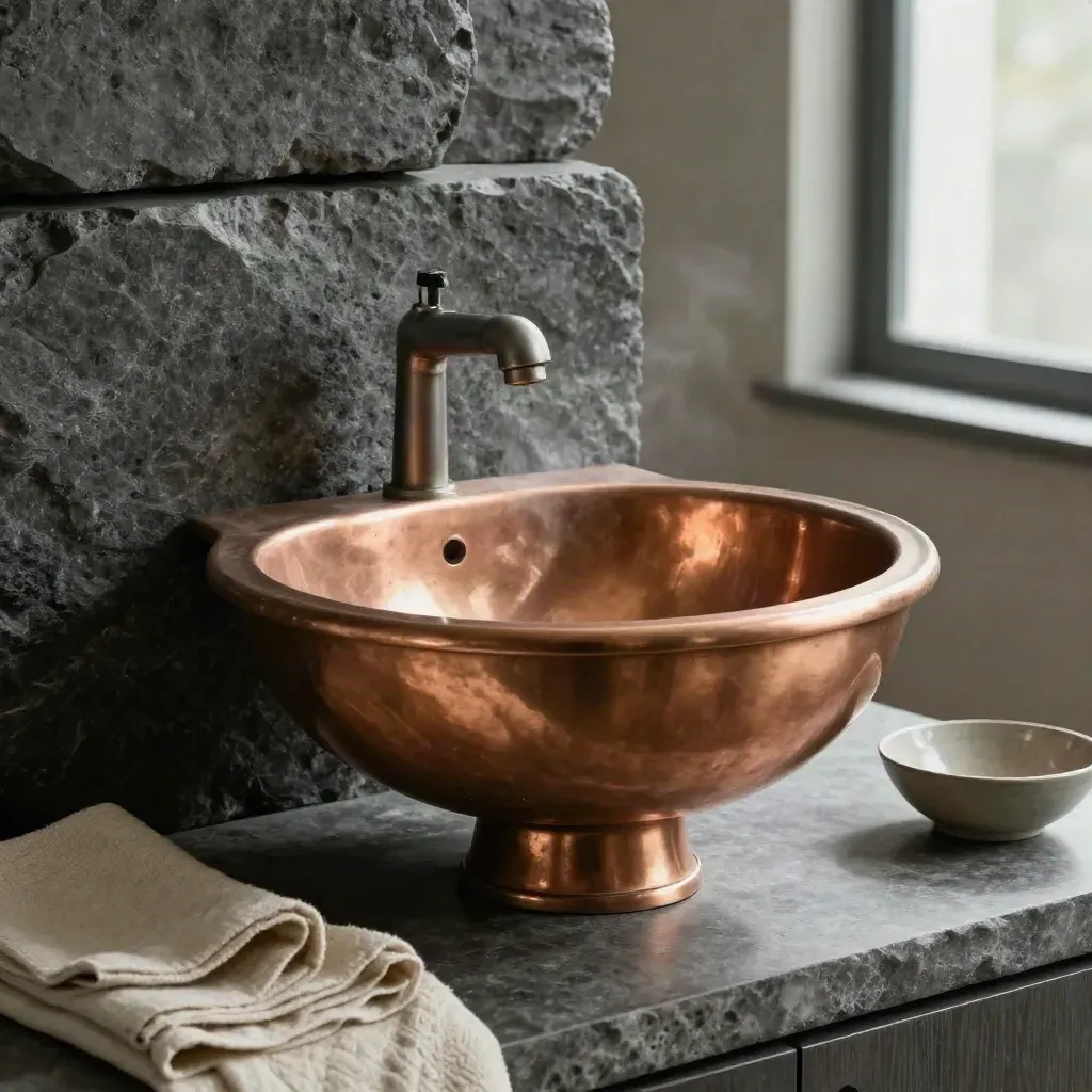 Apron-front copper sink beside stacked stone, linen, and a ceramic bowl in soft studio light.
