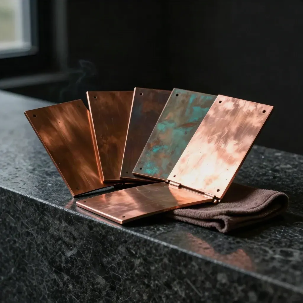 Open copper patina sample kit on a dark stone ledge with verdigris swatches in moody studio light