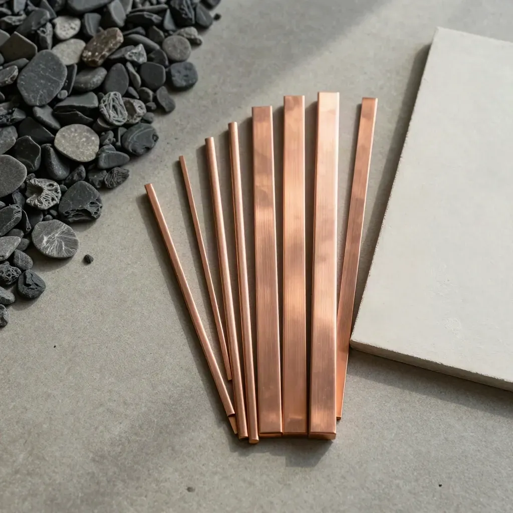 Copper trim pieces arranged in a precise overhead flatlay beside stone and plaster samples.