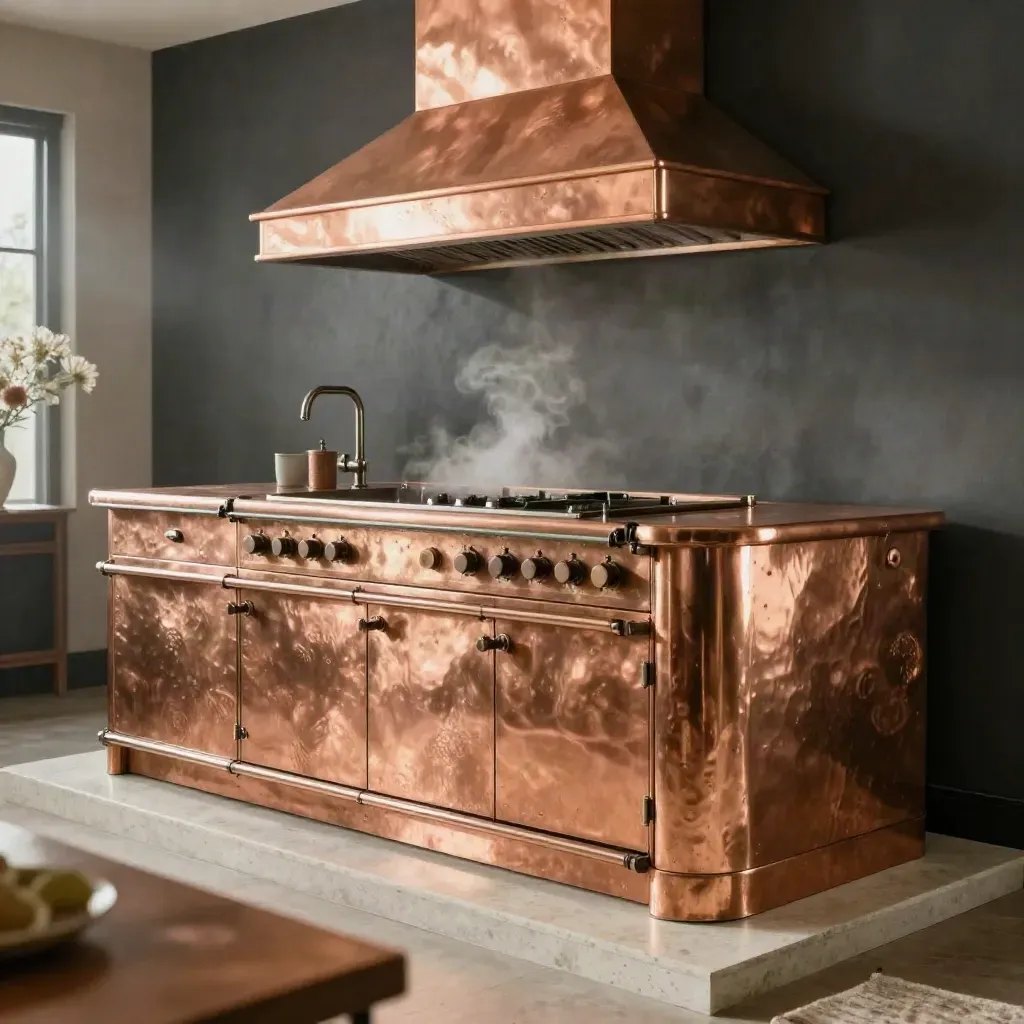 Copper kitchen bundle with island top, hood, sink and trim in a premium studio hero shot.