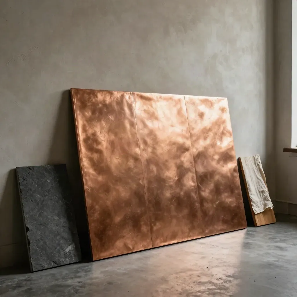 Copper backsplash panel leaning against rough plaster with charcoal and wood accents in soft studio light.