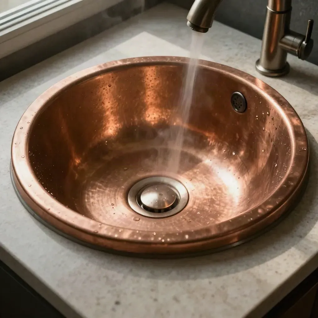Macro hammered copper sink with water droplets and rolled apron on travertine.