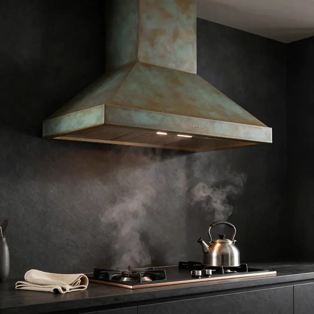 Low-angle copper range hood above a black cooktop in a dark modern kitchen with steam.