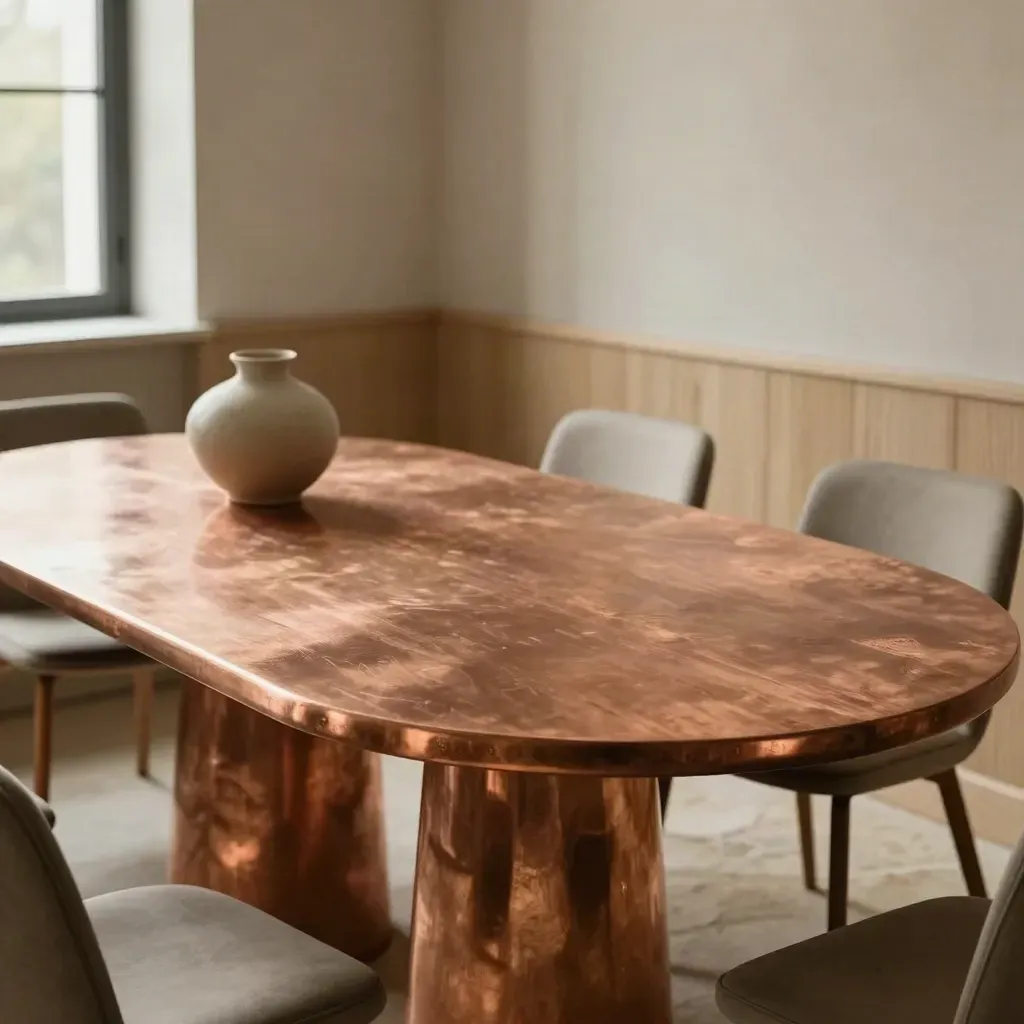 Copper dining table top in a quiet nook with vase and blurred chairs, soft daylight