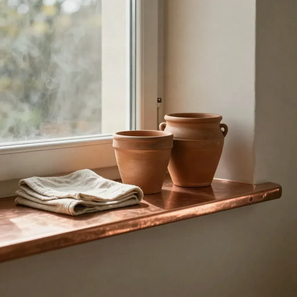 Copper window sill in a bright alcove with clay pots and folded linen, softly lit.